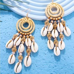 🌊 Boho Cowrie Shell Statement Earrings – Coastal Beaded Fringe Dangles